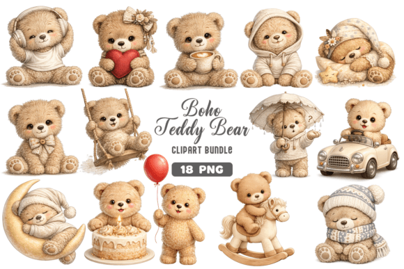 Download Boho Teddy Bear Baby Clipart PNG Bundle - Boho Collection