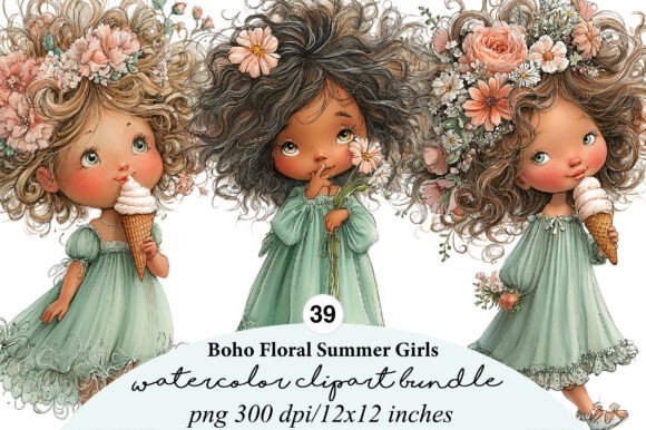 Download Boho Floral Summer Girls Clipart Bundle - Boho Collection