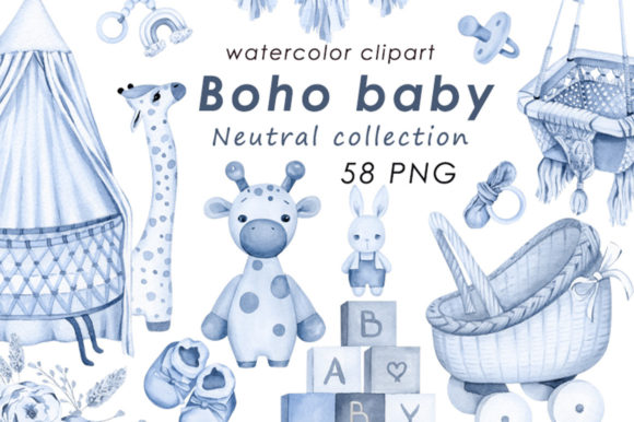 Download Baby Boy Boho Blue Watercolor Clipart - Boho Collection