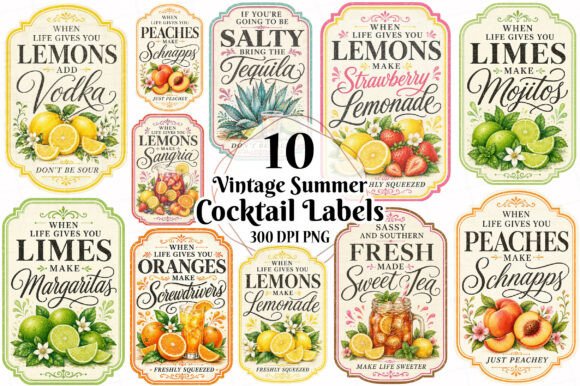 Download Vintage Summer Cocktail Labels Bundle - Labels Collection
