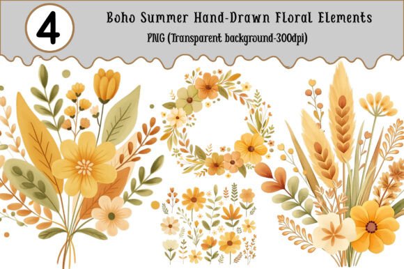 Download Boho Summer Hand-Drawn Floral Elements - Boho Collection